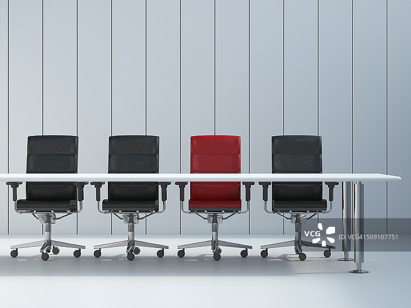 四张办公椅和会议桌，灰色墙板前，3D效果图图片素材