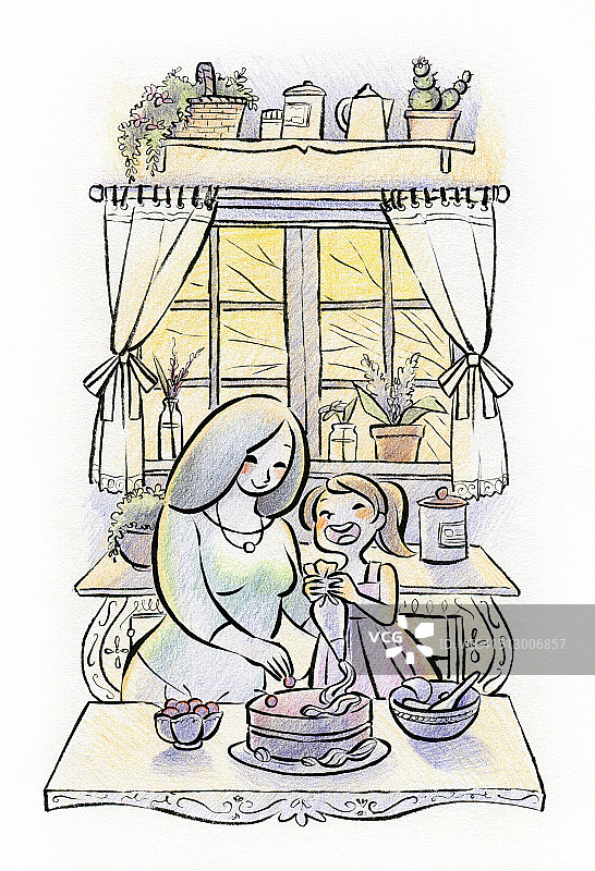 母亲和女儿在厨房一起准备蛋糕的插图图片素材