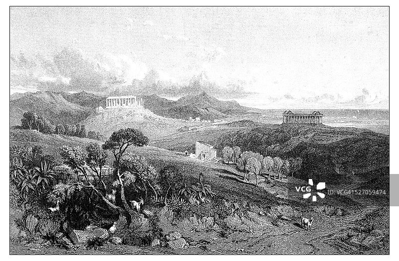 古色古香的地中海风景插图:阿格里琴托的朱诺卢西纳神庙图片素材