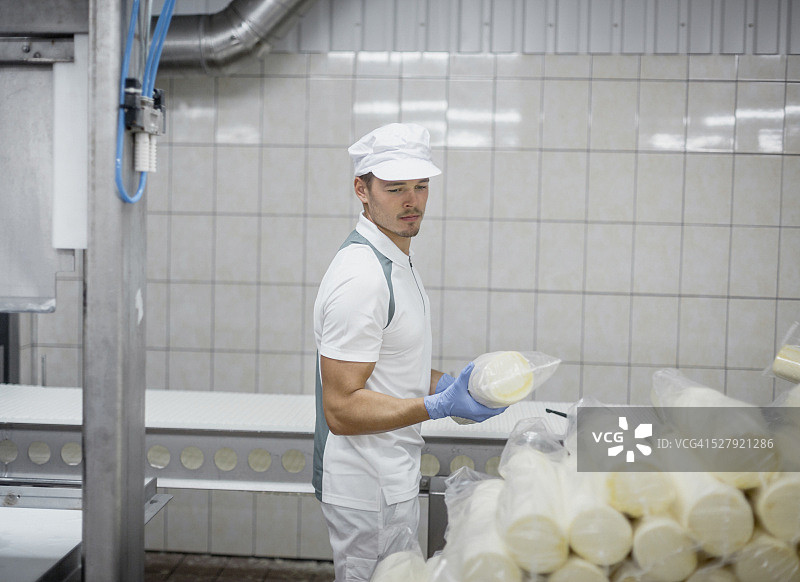 奶酪工厂食品生产线上的熟练工人图片素材