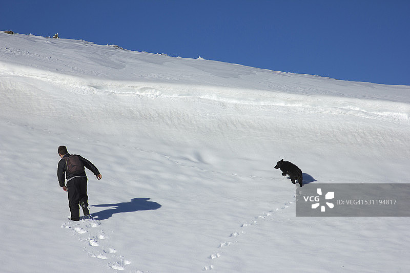 徒步者和狗在雪地里形成了一个心图片素材