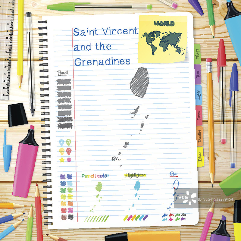 圣文森特和格林纳丁斯的地图手绘在笔记本上图片素材