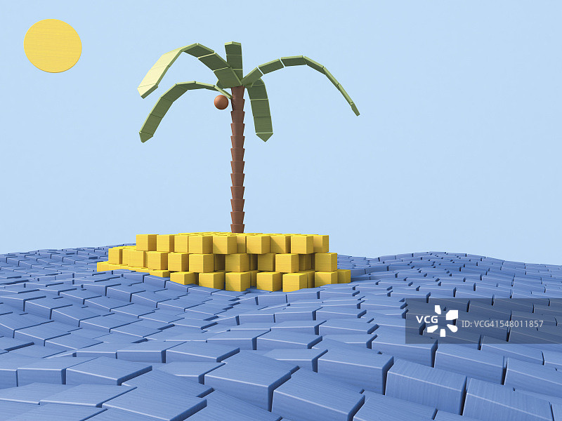 岛用椰子树砖砌成，3D渲染图片素材