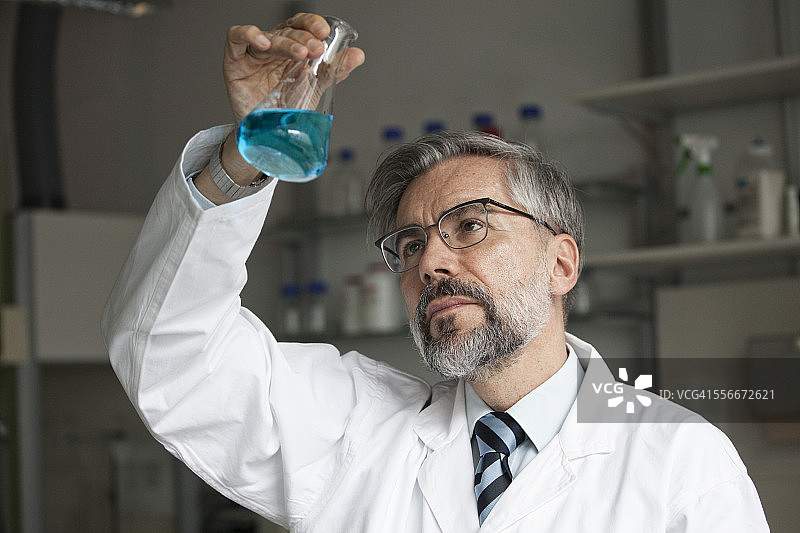 科学家在实验室检查锥形烧瓶中的液体图片素材