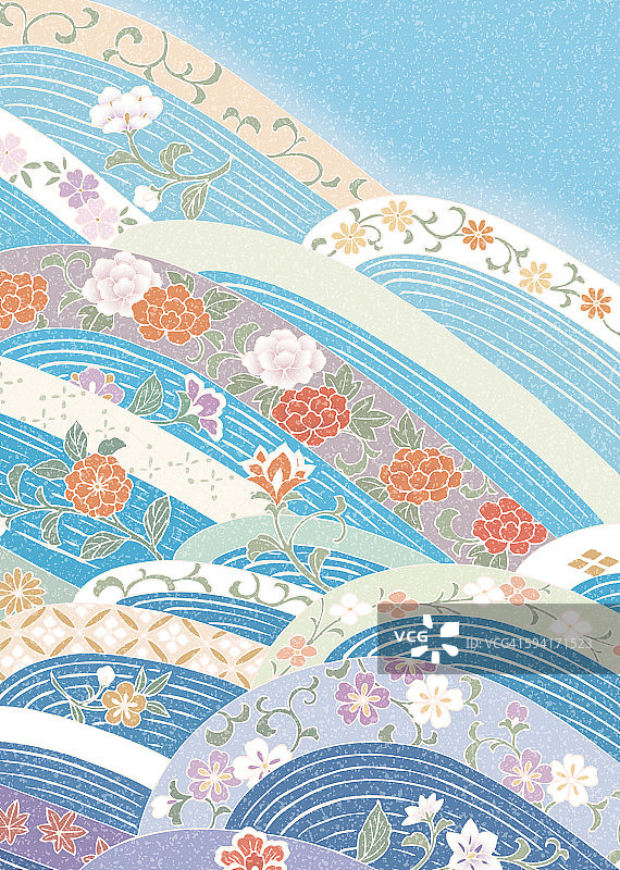 东方背景与流水和花卉图案图片素材