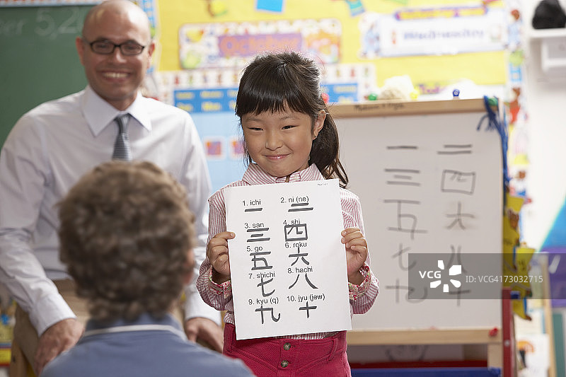 女孩(6-7)在教室里写汉字图片素材