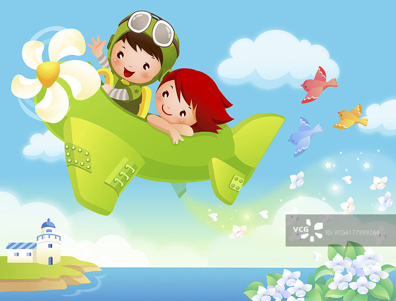 一个男孩和一个女孩乘飞机旅行图片素材