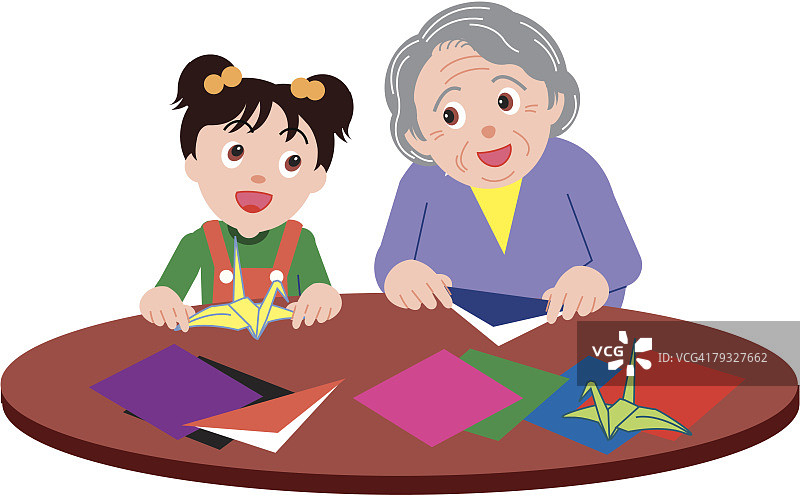 老奶奶和孙女一起折纸鹤，正面图片素材