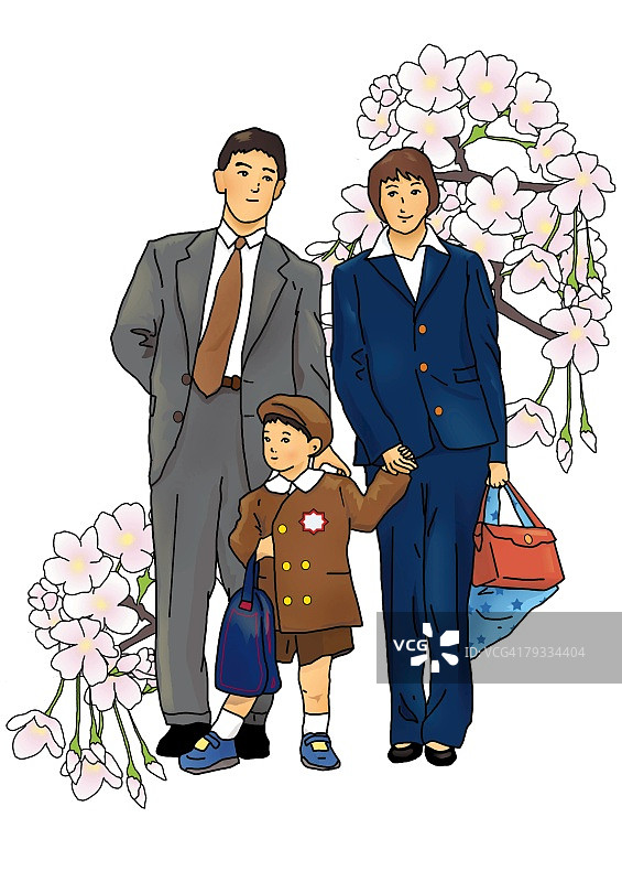 正装日本家庭的肖像，正面，白色背景，裁剪图片素材