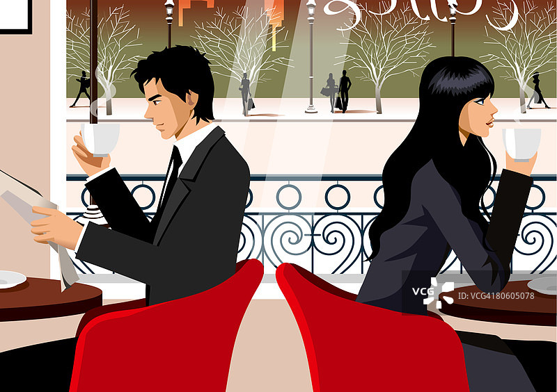 一个商人和一个女商人在餐厅喝茶的侧面图片素材