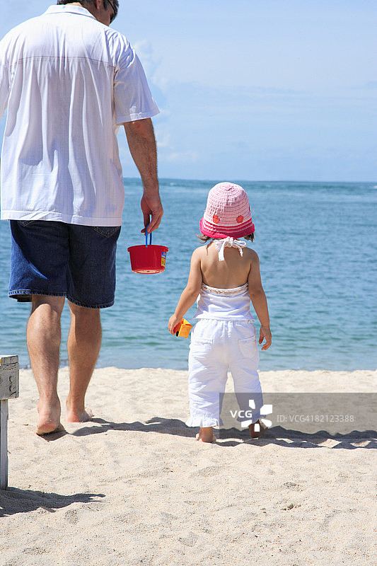 一个成熟的男人和他的女儿在海滩上散步的后视图图片素材