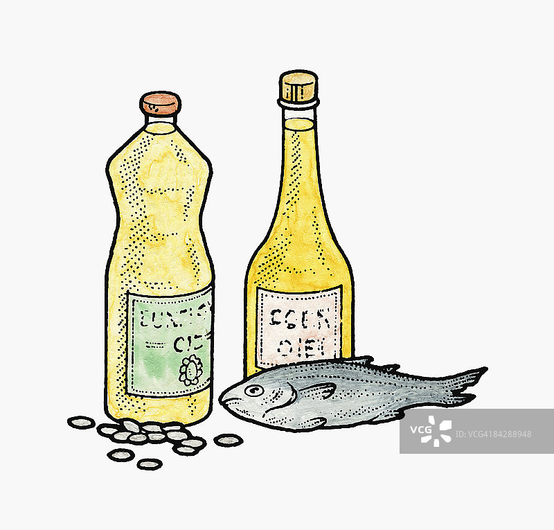 油、油性鱼和葵花籽瓶中的多不饱和脂肪来源说明图片素材