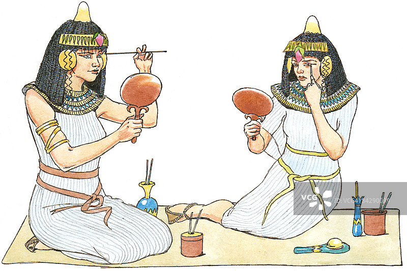 古埃及妇女看着镜子化妆的插图图片素材