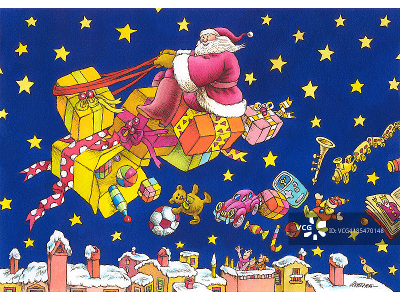 圣诞老人乘着玩具雪橇在夜空中飞翔图片素材