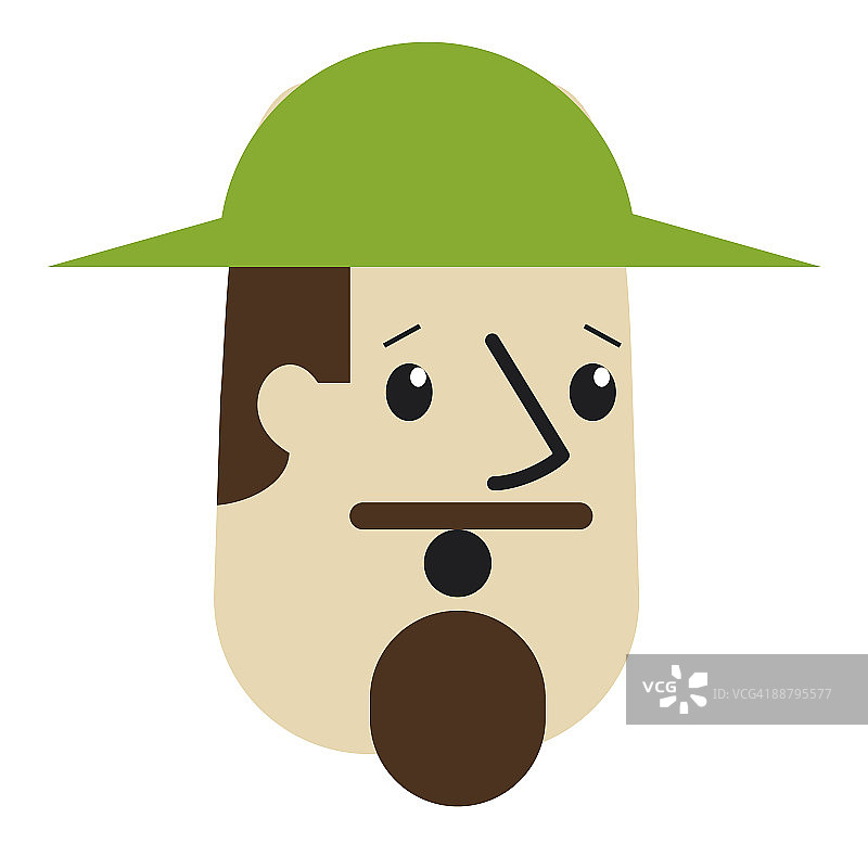 一个留着小胡子和山羊胡的男人，扬起眉毛，张开嘴巴，戴着一顶绿色的帽子图片素材