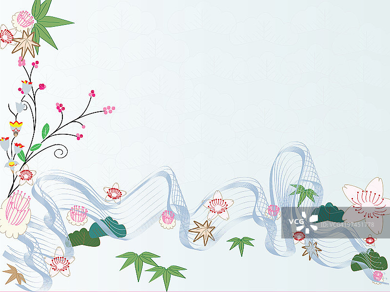 一幅由鲜花、树叶、树枝和旋转的蓝线组成的蒙太奇画散布在画布上图片素材