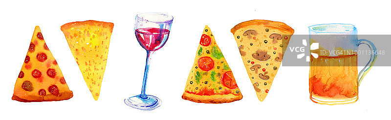 葡萄酒，啤酒，各种披萨手绘水彩画海报和卡片图片素材