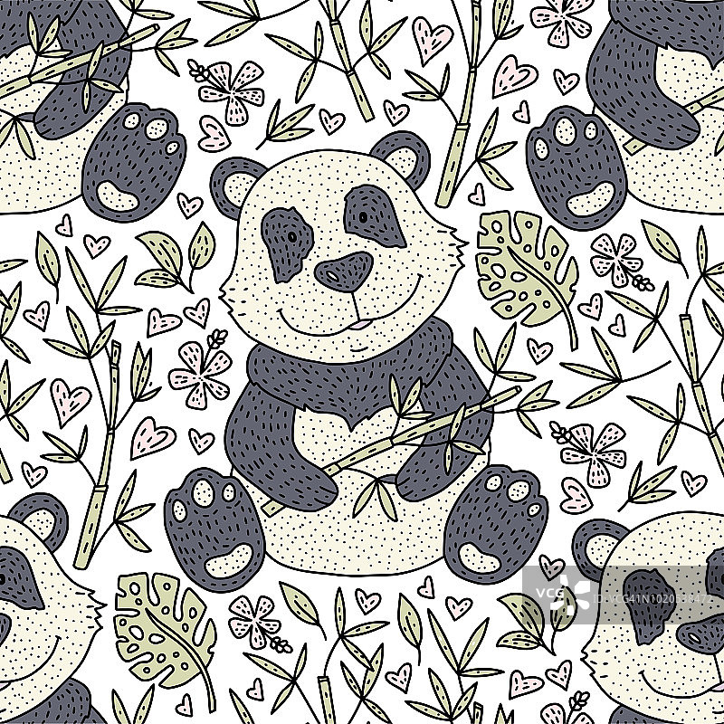 熊猫熊插图向量与竹子。手绘卡通卡片。图片素材