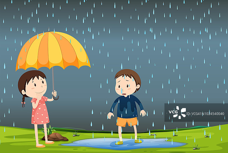 两个孩子在雨中图片素材
