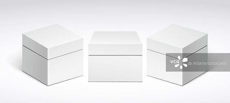 三个白色包装箱带盖，前视图和侧视图。图片素材