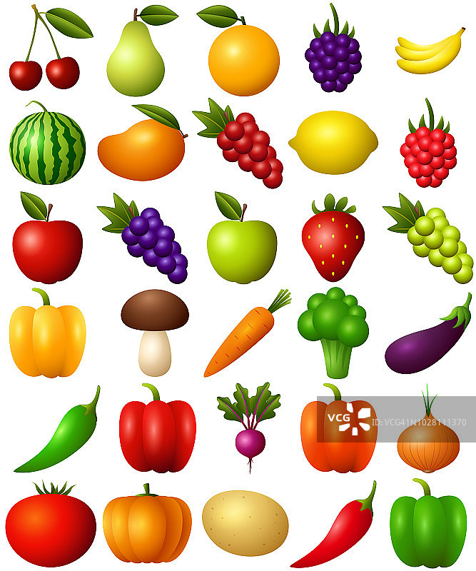 一组水果和蔬菜孤立在白色的背景图片素材