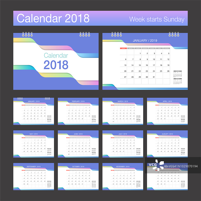 2019年日历。桌面日历现代设计模板。上周星期天开始。图片素材