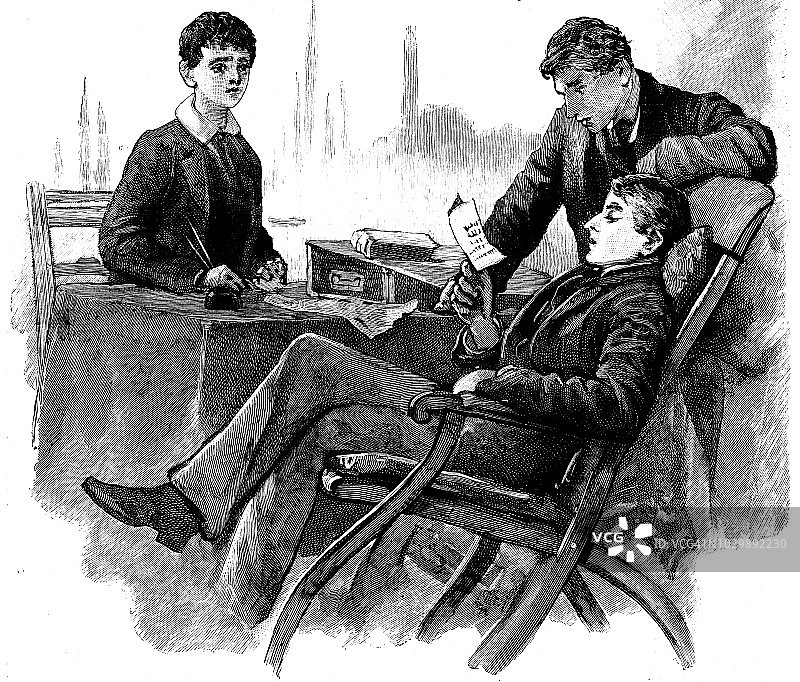 维多利亚时代的黑白故事插图描绘三个男孩在一个房间读一个注意;英国探险家和冒险家;男孩自己的报纸1892年图片素材