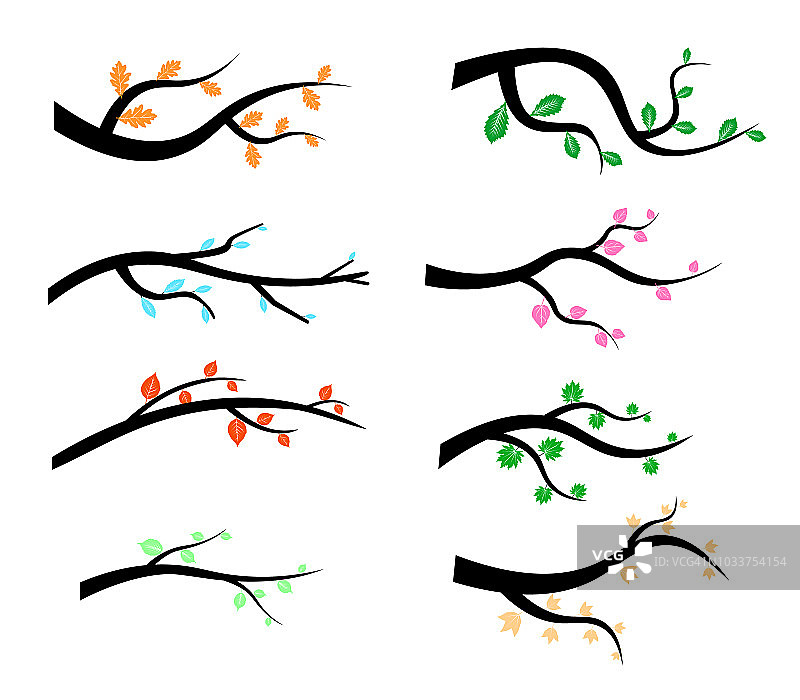 收集树枝剪影图标在平面风格孤立的白色背景。矢量图图片素材