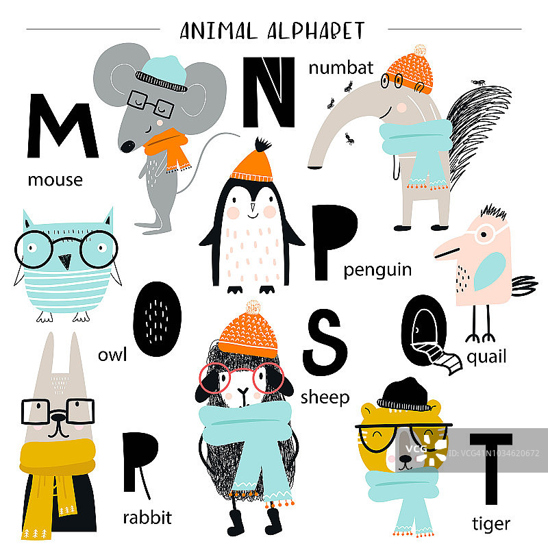 可爱的向量动物园字母表海报与卡通动物。集儿童abc元素在斯堪的纳维亚风格图片素材