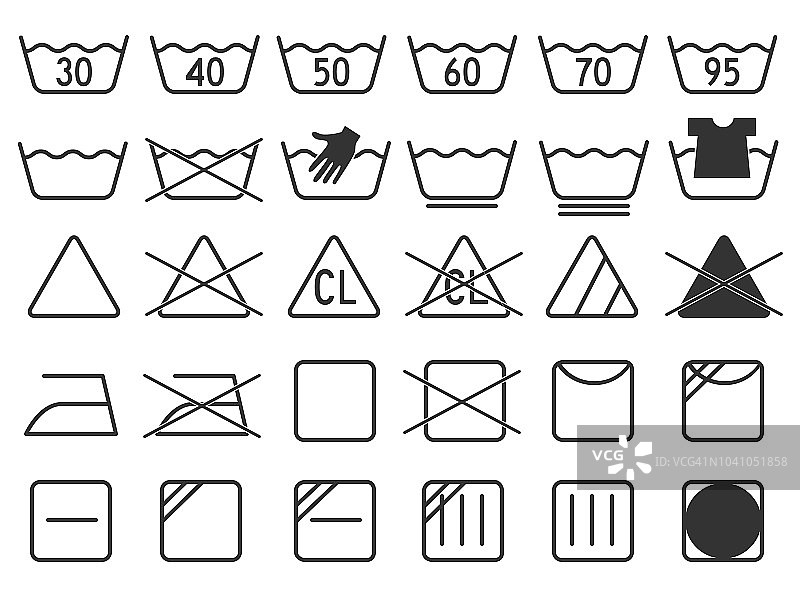 深灰色单色简单的洗衣符号圆形或弧形风格图标集元素为服装行业平面矢量设计集合图片素材