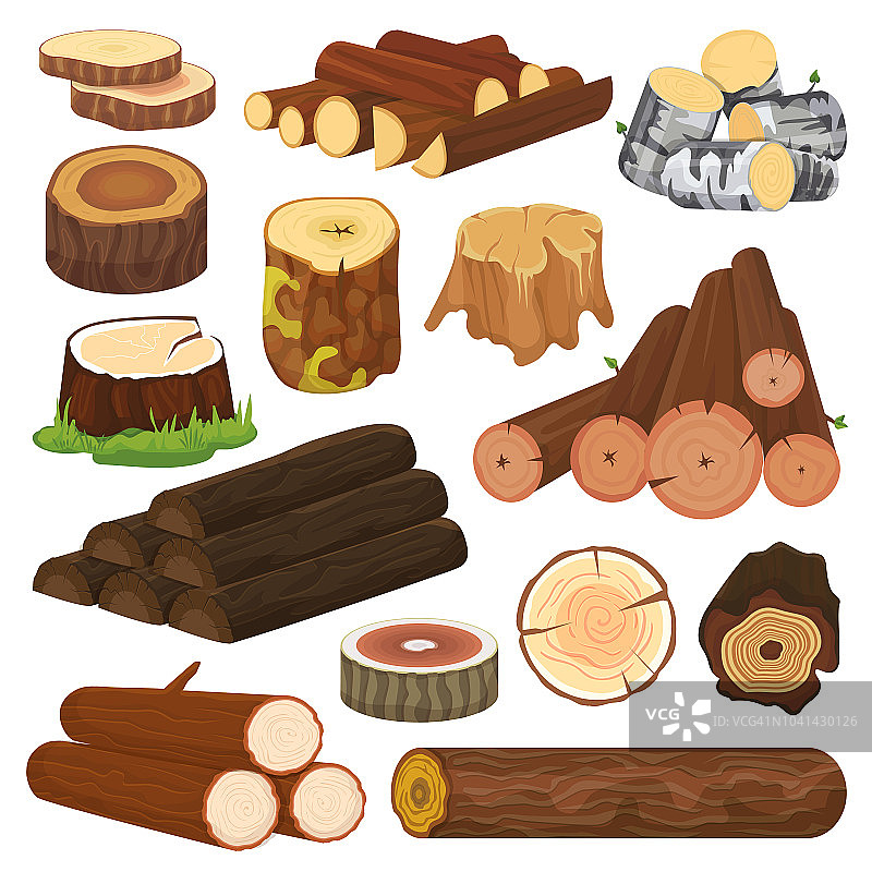 原木矢量树木材或原木树干和硬木的木材木材材料在锯木厂插图木材组孤立在白色的背景图片素材