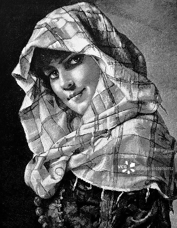 一个裹着围巾的美丽年轻女孩的肖像- 1888年图片素材