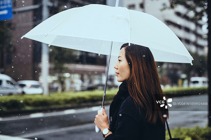 美丽的亚洲女商人撑着伞走在下雪的城市街道上图片素材