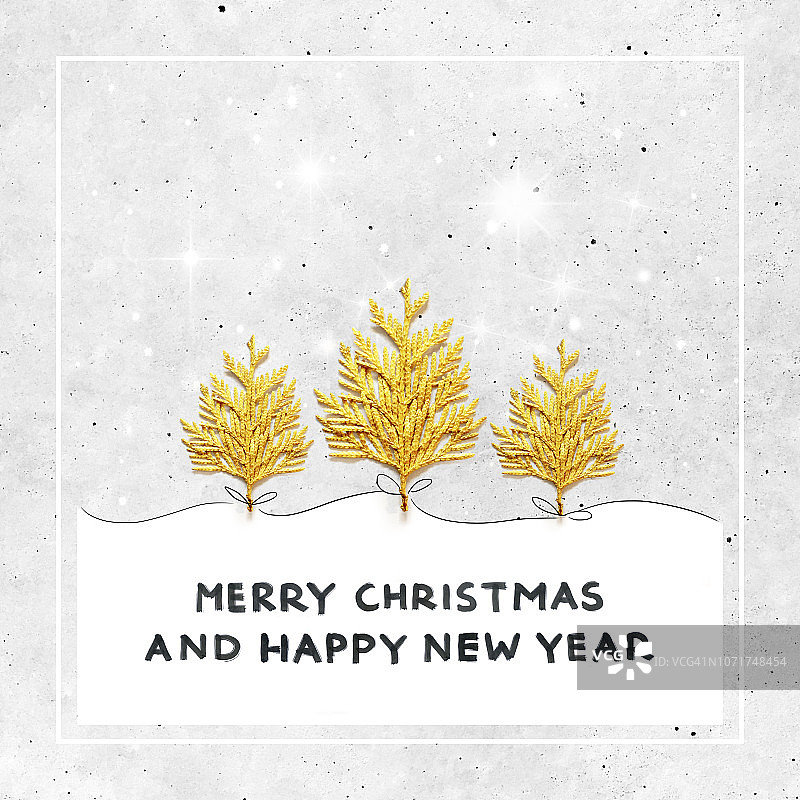 一棵圣诞树的三根树枝与一条薄薄的黑色丝带相连，放在浅灰色的混凝土背景上——抽象的卡片设计，上面写着祝福和闪烁的星星图片素材
