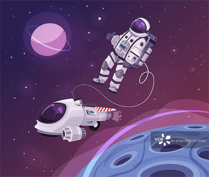 宇航员在外太空的角色。卡通矢量插图。图片素材