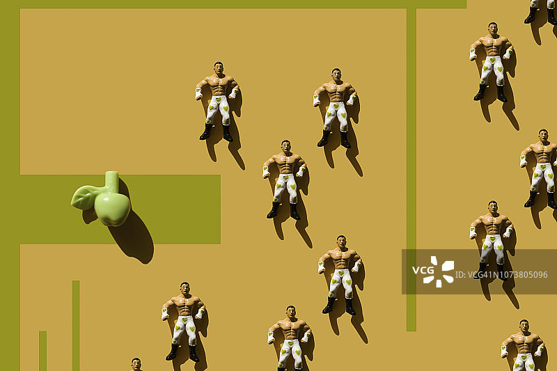 3D渲染，强壮的男人绿色的心摔跤手裤子和假苹果，重复图片素材