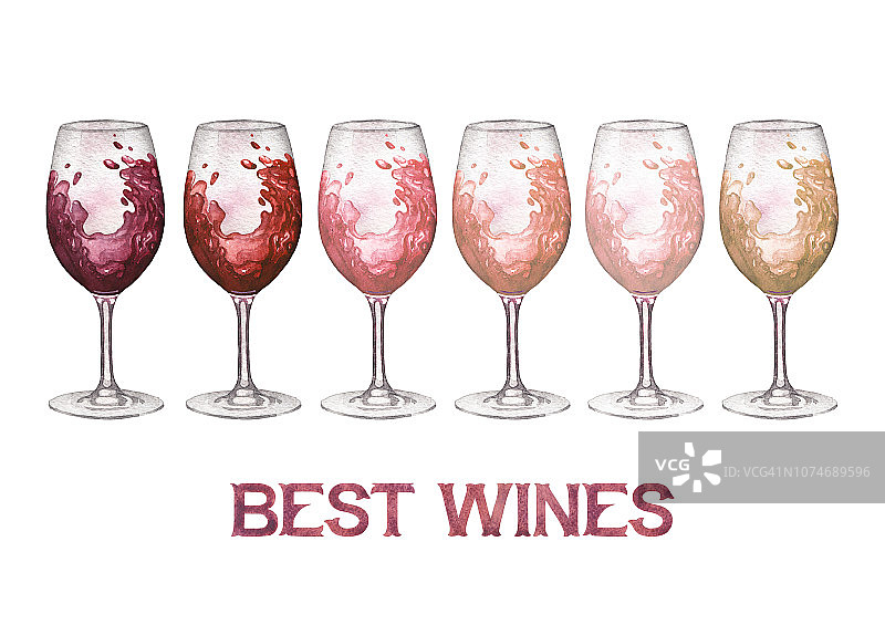 水彩玻璃杯的红，玫瑰和白葡萄酒孤立的白色背景图片素材