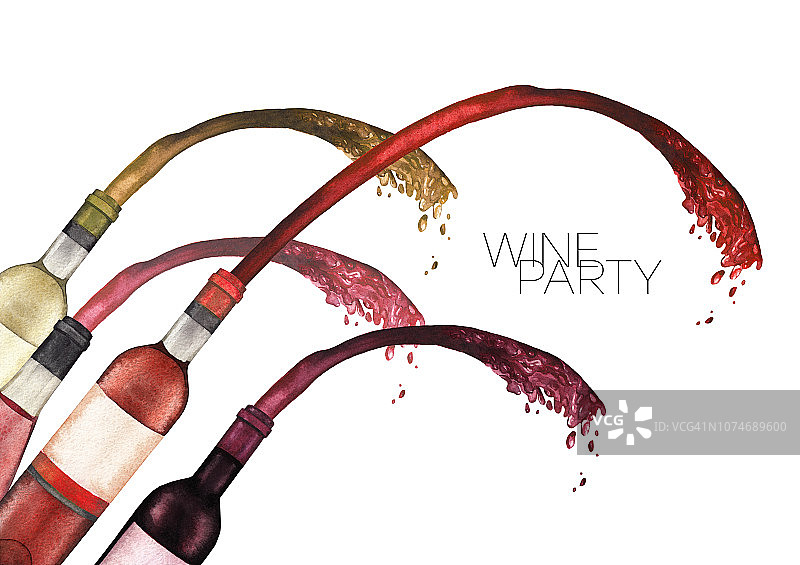 水彩画瓶，红，白和玫瑰葡萄酒溅出来。图片素材