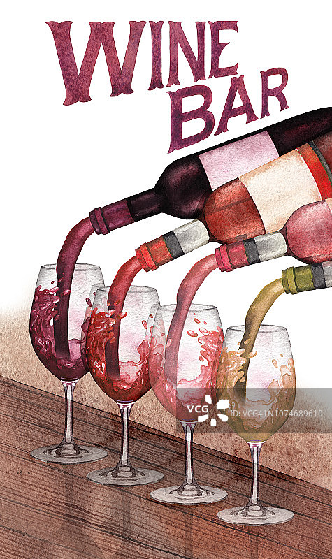 水彩红、白、玫瑰葡萄酒从瓶子倒进木桌上的玻璃杯里图片素材