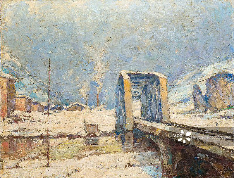 这幅画描绘的是冬天在河上的一座桥。图片素材