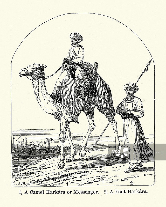 传统的印度harkara(邮递员，信使)，19世纪图片素材