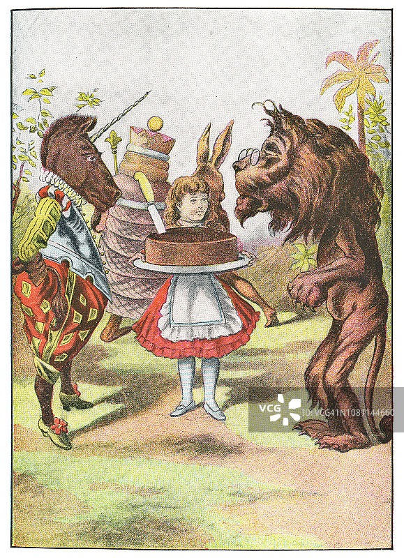 爱丽丝在《爱丽丝镜中奇遇记》中与狮子和独角兽一起拿着葡萄干蛋糕图片素材