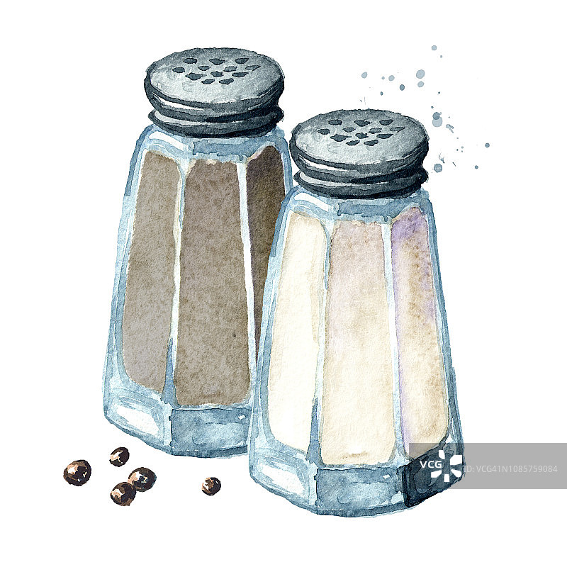 盐和胡椒。水彩手绘插图，孤立的白色背景图片素材