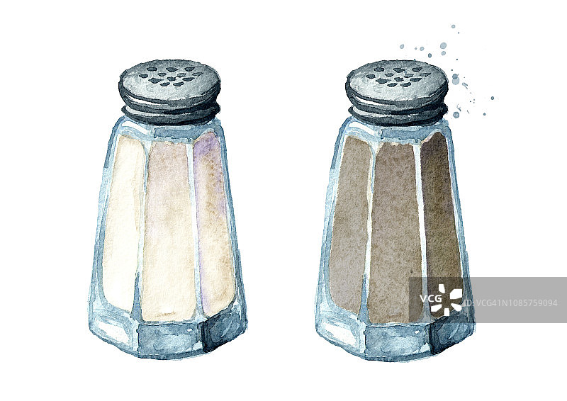 盐和胡椒瓶。水彩手绘插图，孤立的白色背景图片素材