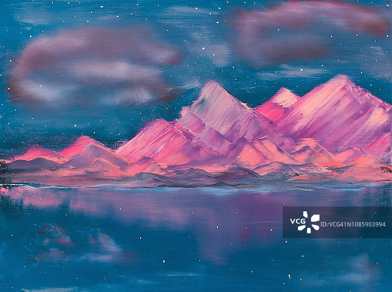 粉红山湖当代艺术绘画图片素材