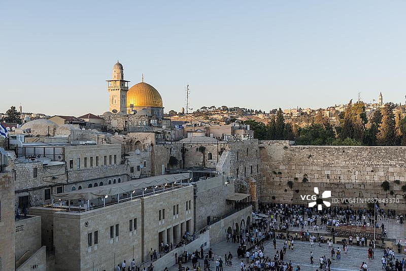 岩石圆顶，也Qubbat As-sachra, Kipat Hasela，以及哭墙，耶路撒冷老城，以色列图片素材