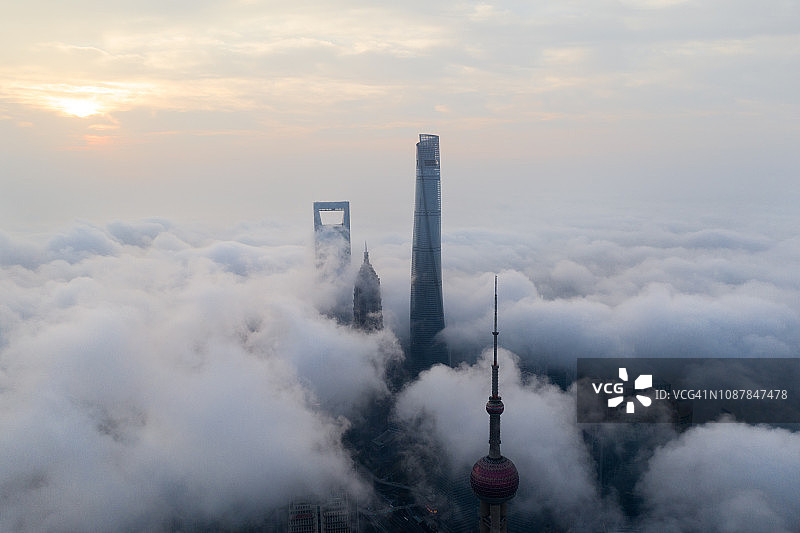 清晨上海的鸟瞰图图片素材