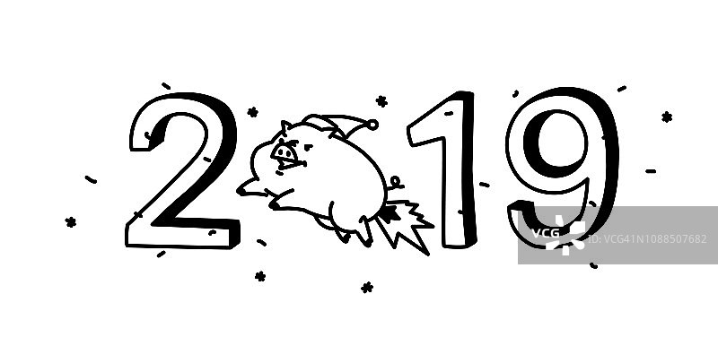 卡通猪的新年插图与题词2019。插图被孤立在白色背景上。可爱的动物猪。中国新年的象征。庆祝的背景。吉祥物。图片素材