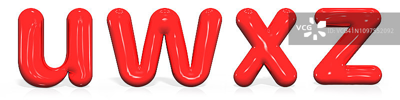光滑的红色油漆字母U, W, X, Z的小写气泡隔离在白色背景，3d渲染插图。图片素材