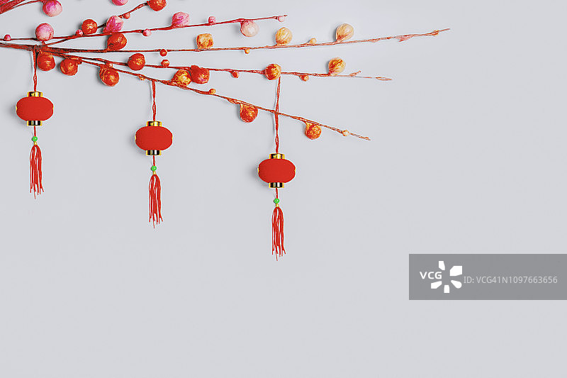 白色背景上的中国新年装饰品。小树枝上挂着红灯笼。图片素材